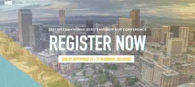 Advertisement for CTE's Zero Emission Bus conference promoting registration with Denver, CO in the background.