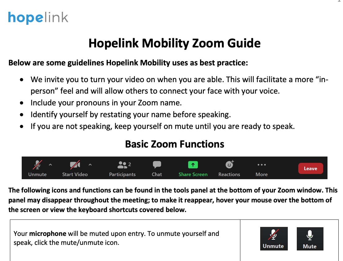 Screenshot of Hopelink Mobility Zoom Guide