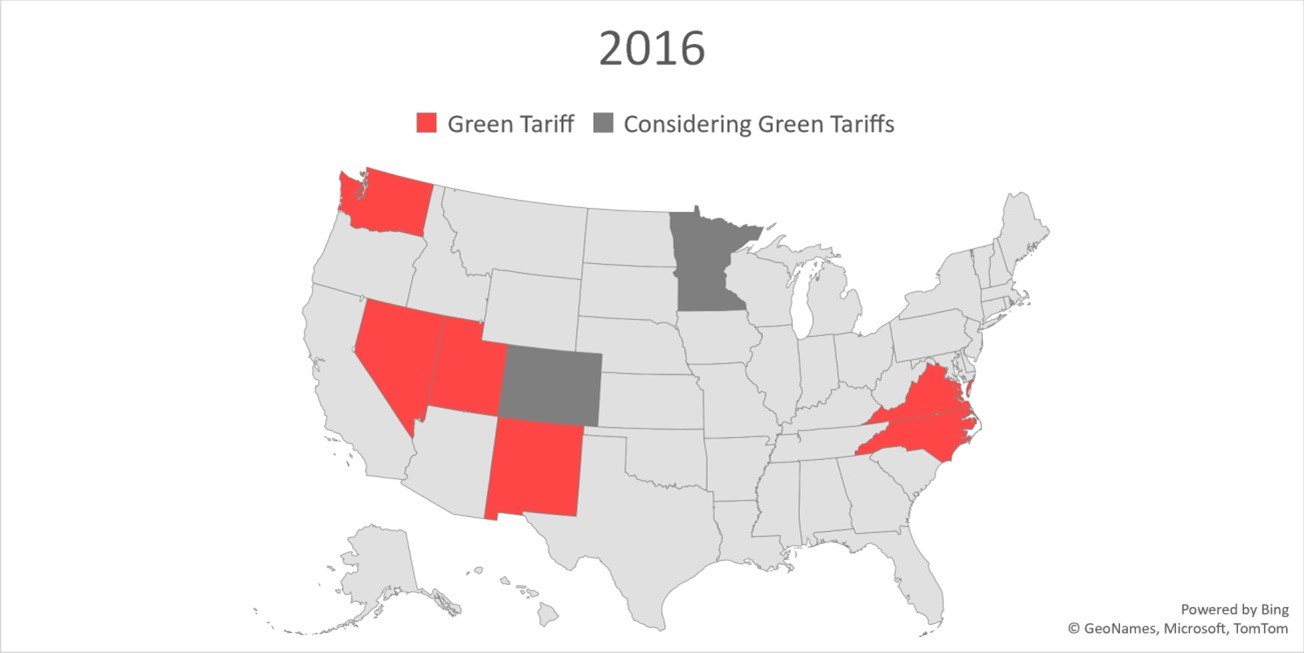 Map of the US showing comparison between available green power tariffs and other programs available, from 2016 to 2019 