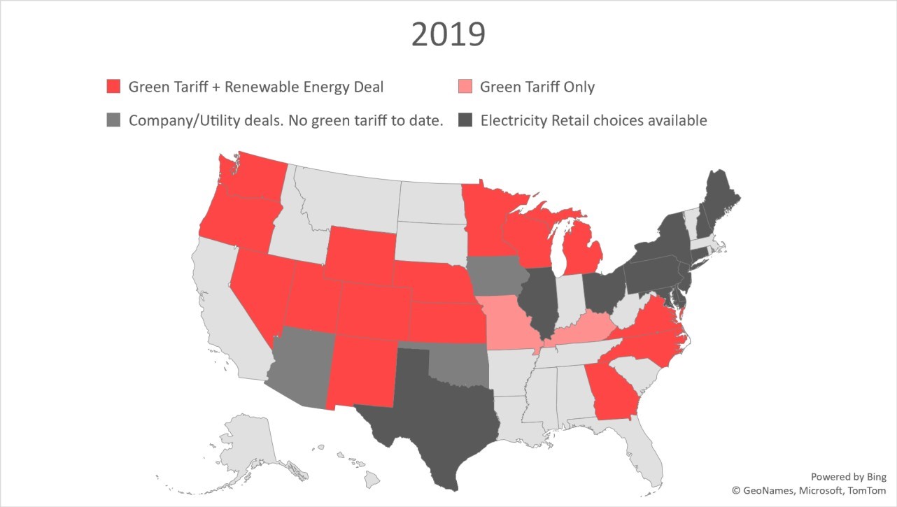 Map of the US showing comparison between available green power tariffs and other programs available, from 2016 to 2019