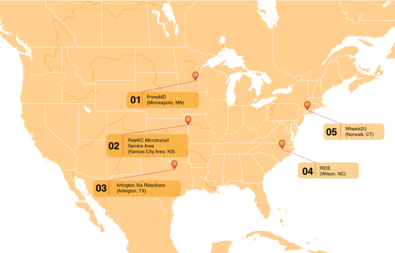 US map including labels of case study locations